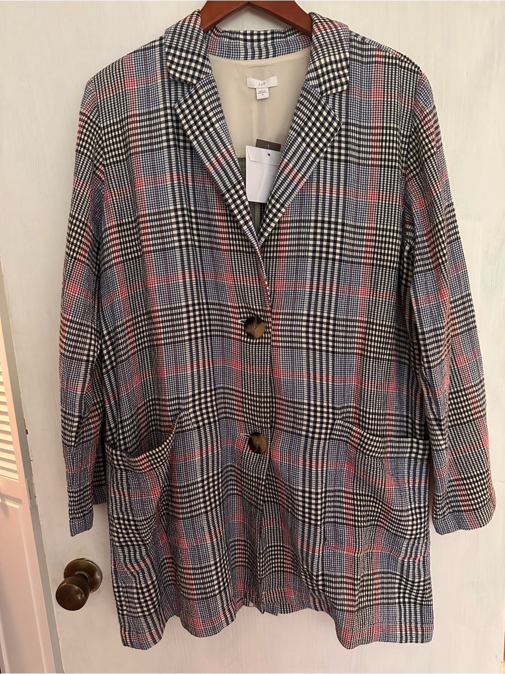 J. Jill Checked Single-Breasted Blazer in Black, Navy, White & Red